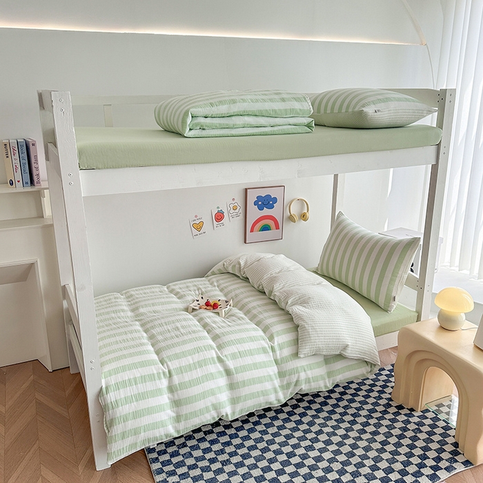 91家纺网 家纺一手货源 找家纺 玛奇朵 2024新款A类母婴级全棉双层皱皱纱学生宿舍三件套床品套件 韩系条纹-青柠绿