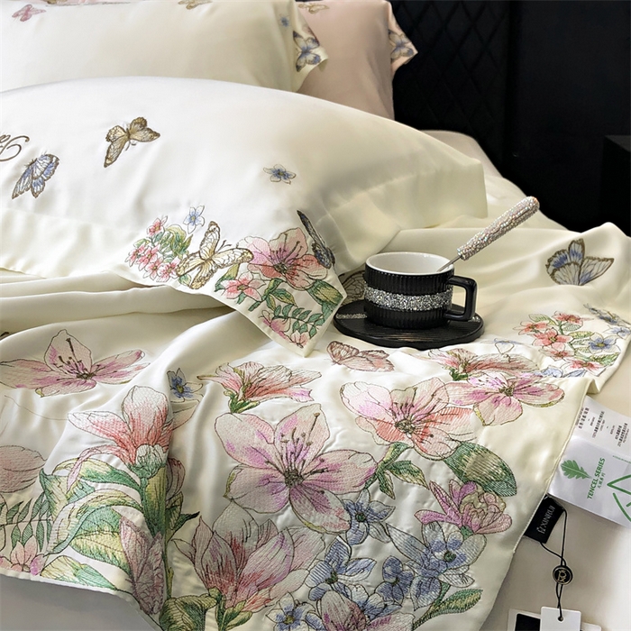 91家纺网 家纺一手货源 找家纺 馨蕊家居 2024新款80s兰精天丝刺绣夏被四件套-蝶舞花间 蝶舞花间-元气白桃