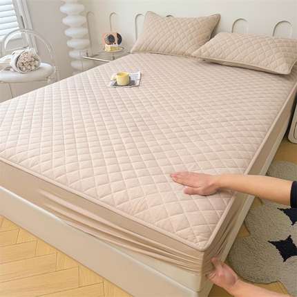 91家纺网 家纺一手货源 找家纺 糯米猪家纺 2024新款全棉水洗棉大豆夹棉床笠 浅卡其