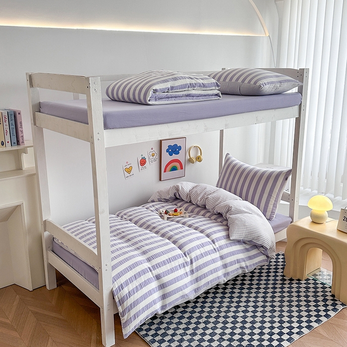 91家纺网 家纺一手货源 找家纺 玛奇朵 2024新款A类母婴级全棉双层皱皱纱学生宿舍三件套床品套件 韩系条纹-莫奈紫