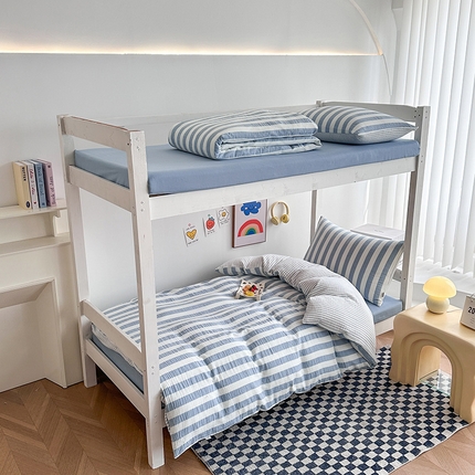 玛奇朵 2024新款A类母婴级全棉双层皱皱纱学生宿舍三件套床品套件 韩系条纹-蓝灰