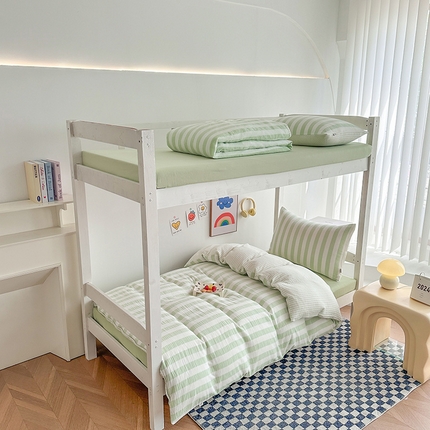 玛奇朵 2024新款A类母婴级全棉双层皱皱纱学生宿舍三件套床品套件 韩系条纹-青柠绿