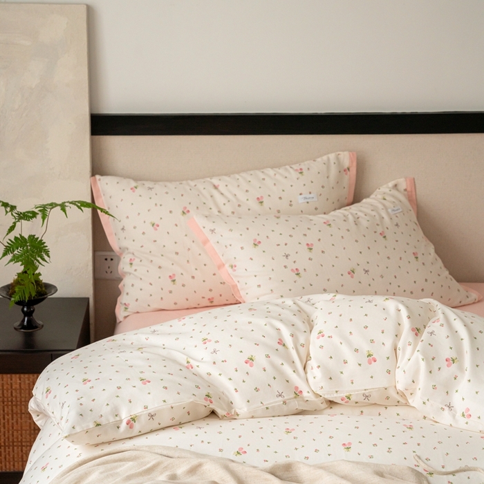 91家纺网 家纺一手货源 找家纺 时光里 2024新款A类全棉双层纱四件套 清新花语