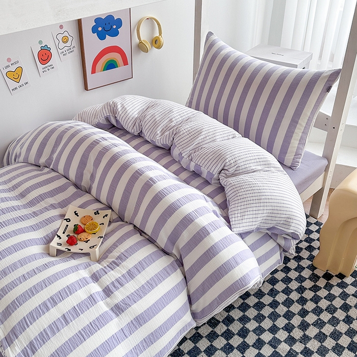 91家纺网 家纺一手货源 找家纺 玛奇朵 2024新款A类母婴级全棉双层皱皱纱学生宿舍三件套床品套件 韩系条纹-莫奈紫