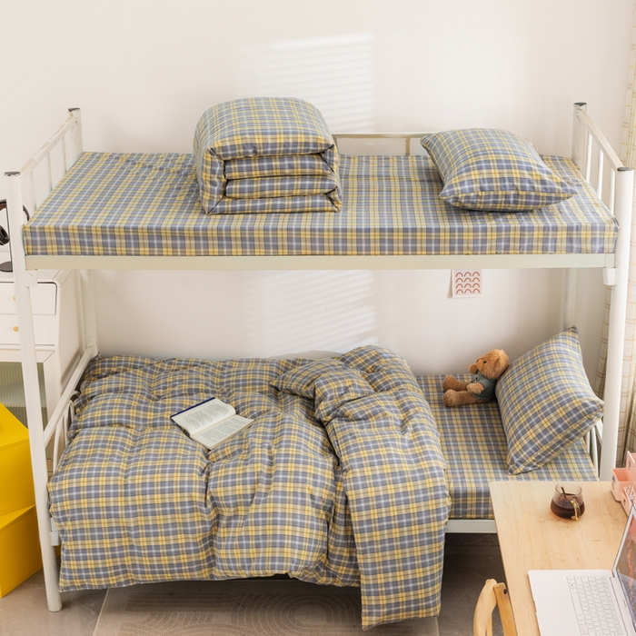 91家纺网 家纺一手货源 找家纺 柠萌家居 2025新品A类全棉色织水洗棉简约条纹格子无印良品风格学生季宿舍上下铺AA版三件套四件套 芳华灰