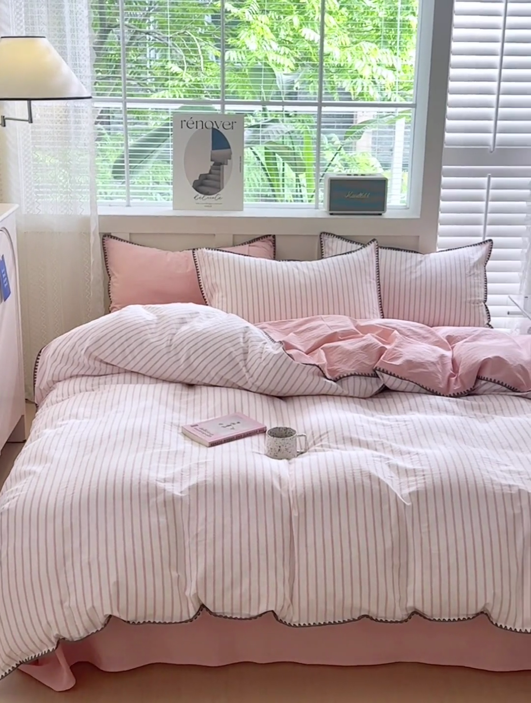 91家纺网 家纺一手货源 找家纺 晚依家纺 2024新款全棉色织水洗棉贝壳边绣三角针工艺四件套 诺言-粉