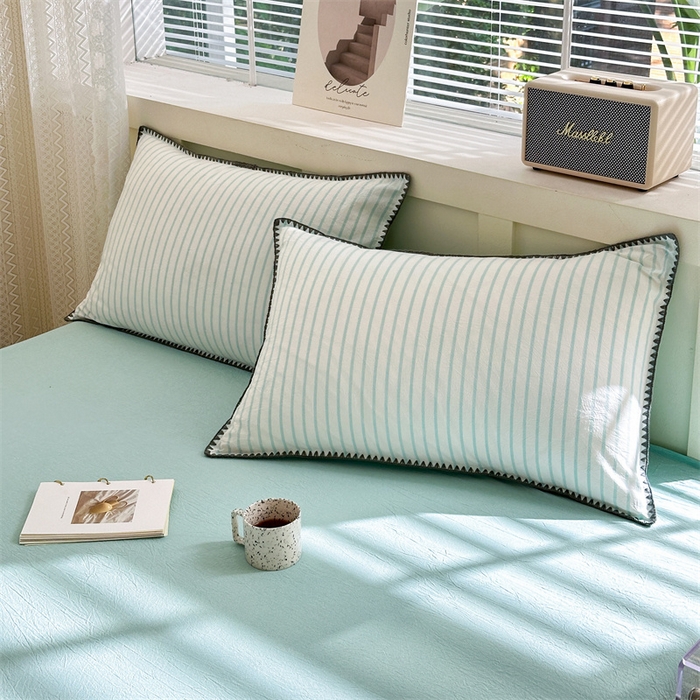 91家纺网 家纺一手货源 找家纺 晚依家纺 2024新款全棉色织水洗棉贝壳边绣三角针工艺四件套 诺言-蓝