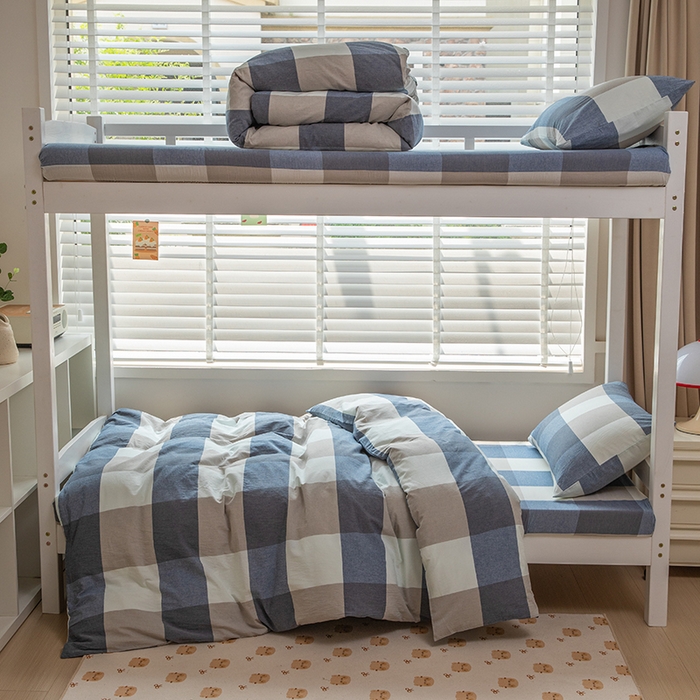 91家纺网 家纺一手货源 找家纺 柠萌家居 2025新品A类全棉色织水洗棉简约条纹格子无印良品风格学生季宿舍上下铺AA版三件套四件套 蓝白大格