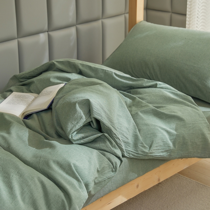 91家纺网 家纺一手货源 找家纺 柠萌家居 2025新品A类全棉色织水洗棉简约条纹格子无印良品风格学生季宿舍上下铺AA版三件套四件套 一抹绿