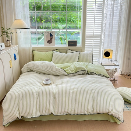 91家纺网 家纺一手货源 找家纺 （总）晚依家纺 2024新款全棉色织水洗棉贝壳边绣三角针工艺四件套可定制