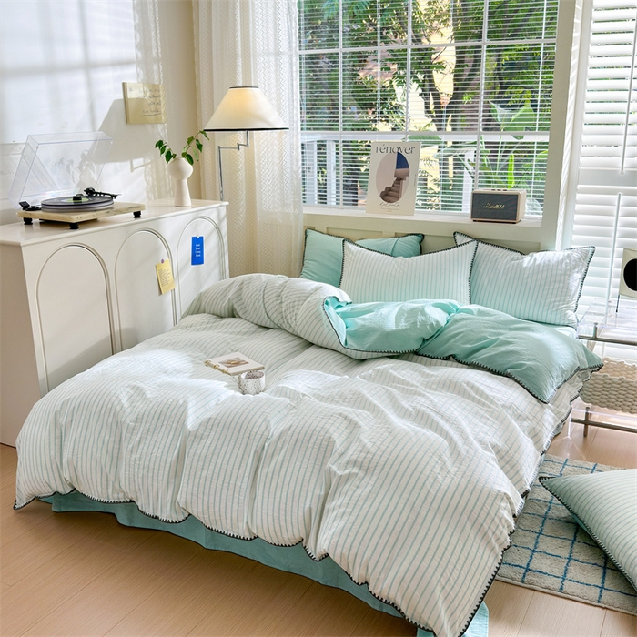 91家纺网 家纺一手货源 找家纺 晚依家纺 2024新款全棉色织水洗棉贝壳边绣三角针工艺四件套 诺言-蓝