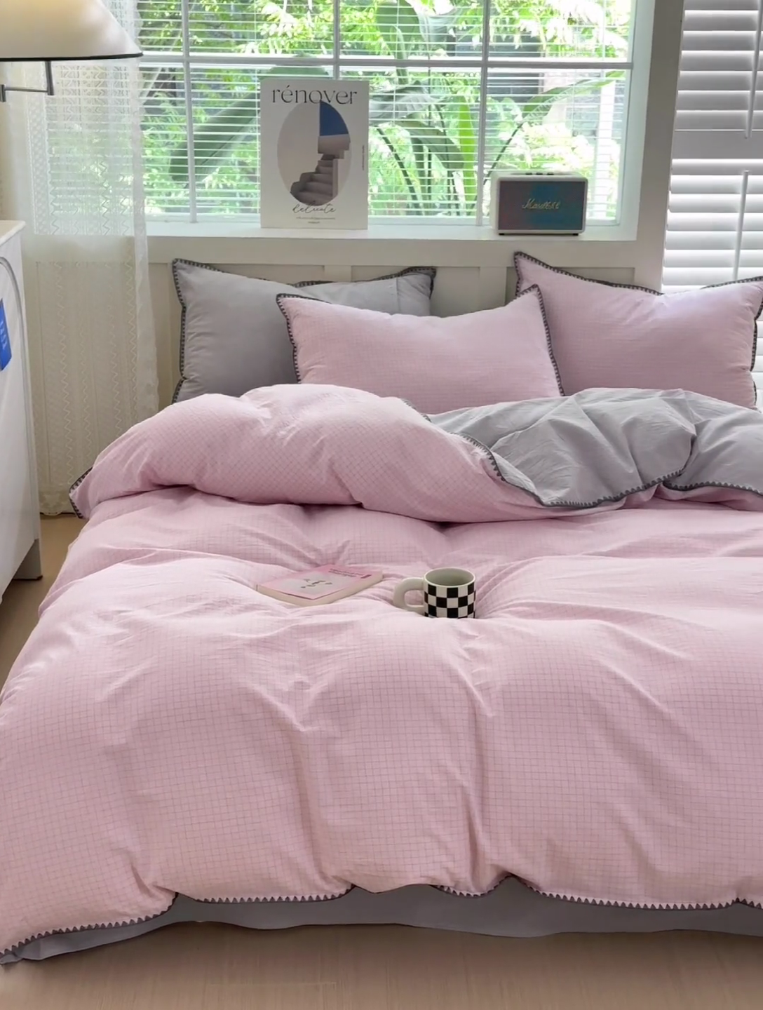 91家纺网 家纺一手货源 找家纺 晚依家纺 2024新款全棉色织水洗棉贝壳边绣三角针工艺四件套 星语-浅粉灰