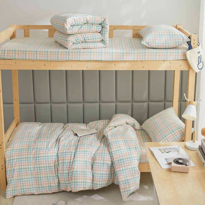 91家纺网 家纺一手货源 找家纺 柠萌家居 2025新品A类全棉色织水洗棉简约条纹格子无印良品风格学生季宿舍上下铺AA版三件套四件套 小彩格