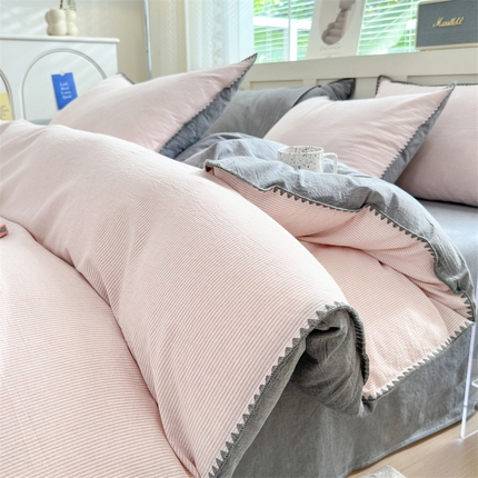 晚依家纺 2024新款全棉色织水洗棉贝壳边绣三角针工艺四件套 时光-粉灰