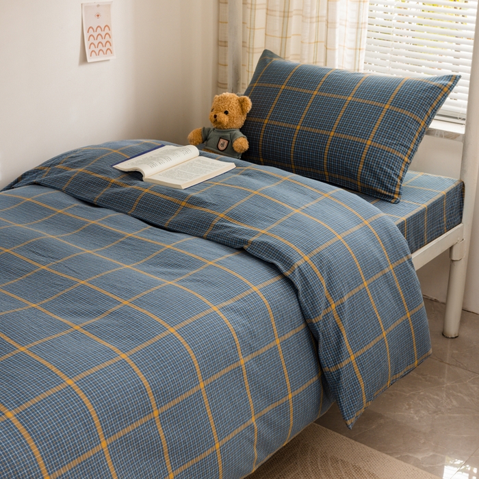 91家纺网 家纺一手货源 找家纺 柠萌家居 2025新品A类全棉色织水洗棉简约条纹格子无印良品风格学生季宿舍上下铺AA版三件套四件套 瓦尔灰