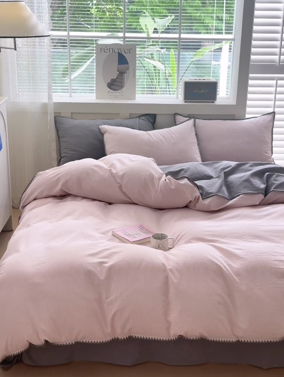 91家纺网 家纺一手货源 找家纺 晚依家纺 2024新款全棉色织水洗棉贝壳边绣三角针工艺四件套 时光-粉灰