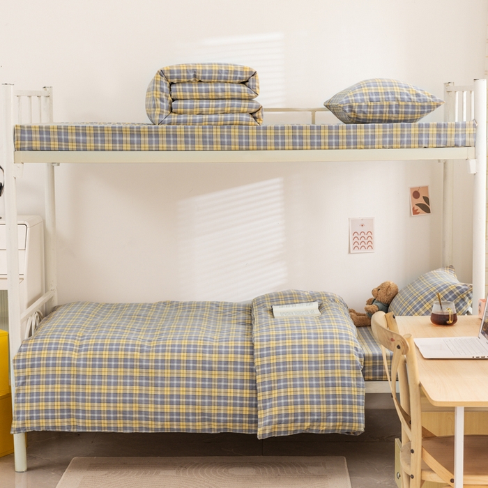 91家纺网 家纺一手货源 找家纺 柠萌家居 2025新品A类全棉色织水洗棉简约条纹格子无印良品风格学生季宿舍上下铺AA版三件套四件套 芳华灰