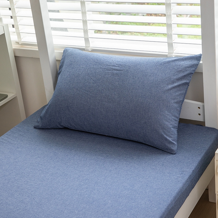 91家纺网 家纺一手货源 找家纺 柠萌家居 2025新品A类全棉色织水洗棉简约条纹格子无印良品风格学生季宿舍上下铺AA版三件套四件套 牛仔蓝