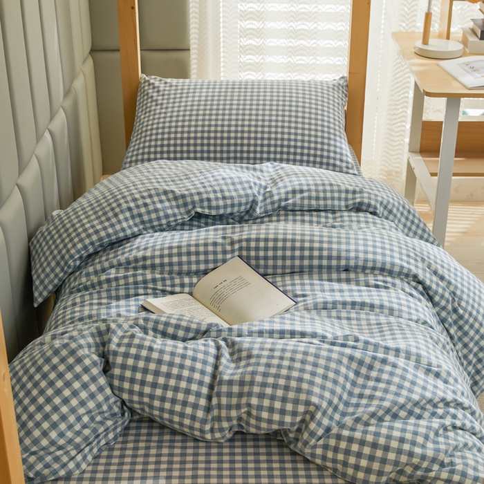 91家纺网 家纺一手货源 找家纺 柠萌家居 2025新品A类全棉色织水洗棉简约条纹格子无印良品风格学生季宿舍上下铺AA版三件套四件套 小兰格