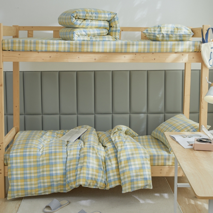 91家纺网 家纺一手货源 找家纺 柠萌家居 2025新品A类全棉色织水洗棉简约条纹格子无印良品风格学生季宿舍上下铺AA版三件套四件套 简爱黄格