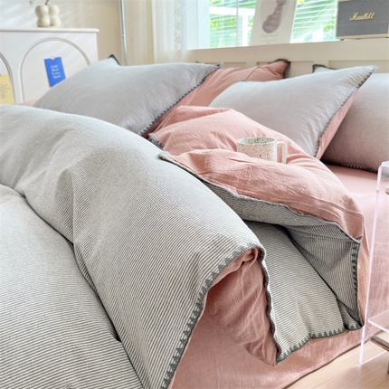 晚依家纺 2024新款全棉色织水洗棉贝壳边绣三角针工艺四件套 时光-灰豆沙