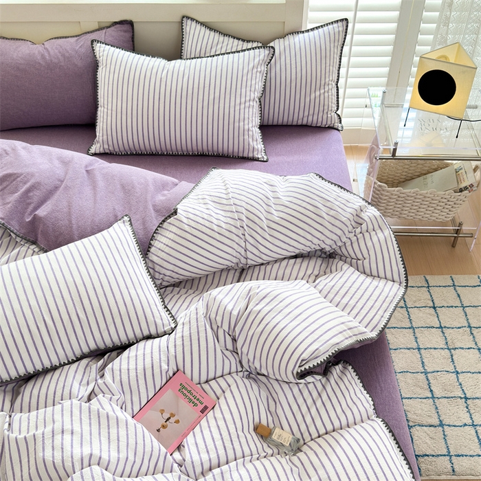 91家纺网 家纺一手货源 找家纺 晚依家纺 2024新款全棉色织水洗棉贝壳边绣三角针工艺四件套 诺言-紫