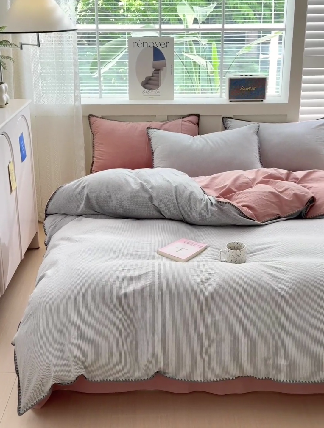 91家纺网 家纺一手货源 找家纺 晚依家纺 2024新款全棉色织水洗棉贝壳边绣三角针工艺四件套 时光-灰豆沙