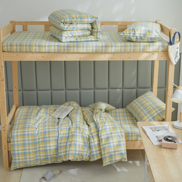 91家纺网 家纺一手货源 找家纺 柠萌家居 2025新品A类全棉色织水洗棉简约条纹格子无印良品风格学生季宿舍上下铺AA版三件套四件套 简爱黄格