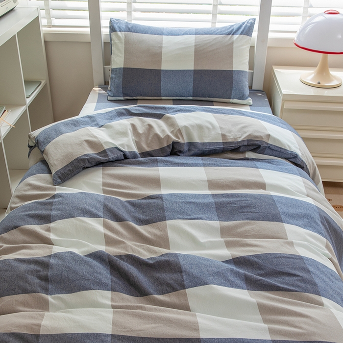 91家纺网 家纺一手货源 找家纺 柠萌家居 2025新品A类全棉色织水洗棉简约条纹格子无印良品风格学生季宿舍上下铺AA版三件套四件套 蓝白大格