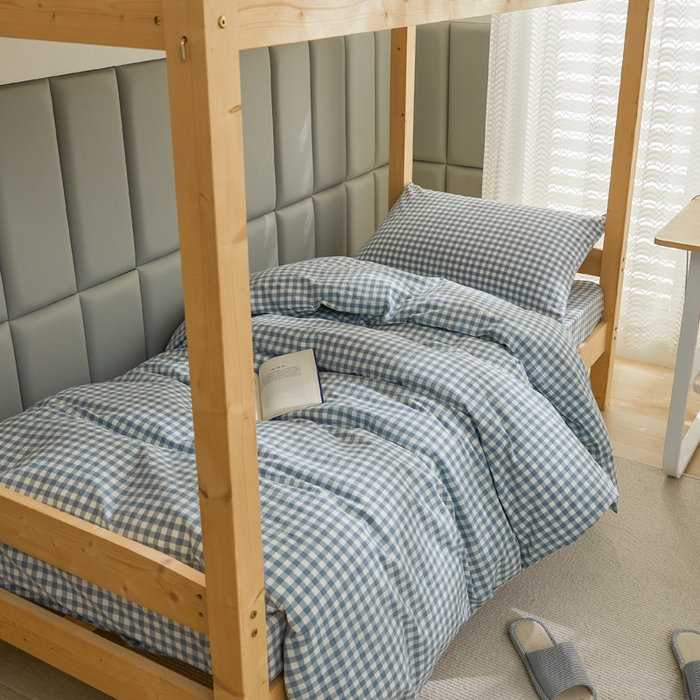 91家纺网 家纺一手货源 找家纺 柠萌家居 2025新品A类全棉色织水洗棉简约条纹格子无印良品风格学生季宿舍上下铺AA版三件套四件套 小兰格