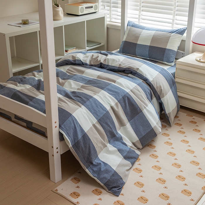 91家纺网 家纺一手货源 找家纺 柠萌家居 2025新品A类全棉色织水洗棉简约条纹格子无印良品风格学生季宿舍上下铺AA版三件套四件套 蓝白大格