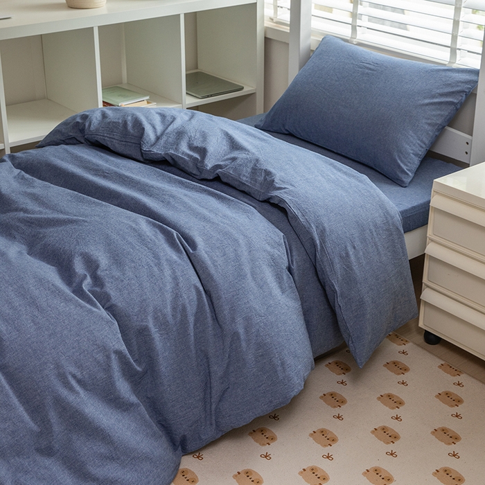 91家纺网 家纺一手货源 找家纺 柠萌家居 2025新品A类全棉色织水洗棉简约条纹格子无印良品风格学生季宿舍上下铺AA版三件套四件套 牛仔蓝