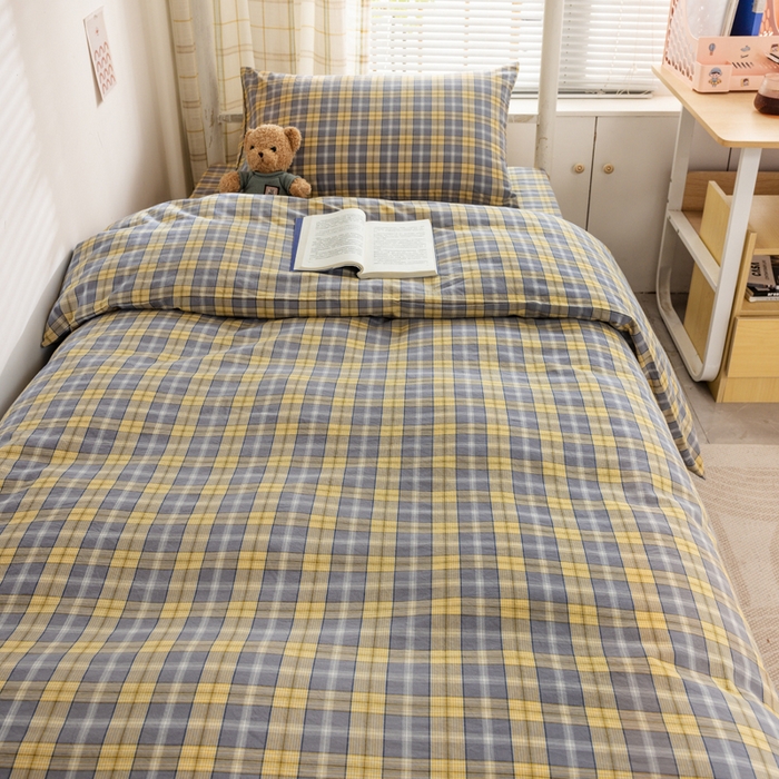 91家纺网 家纺一手货源 找家纺 柠萌家居 2025新品A类全棉色织水洗棉简约条纹格子无印良品风格学生季宿舍上下铺AA版三件套四件套 芳华灰