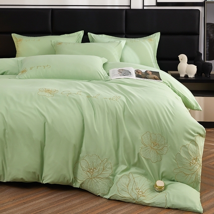 91家纺网 家纺一手货源 找家纺 佳宇轩 2024新款水洗棉四件套磨毛四件套绣花四件套纯色四件套 爱意绵绵-豆绿