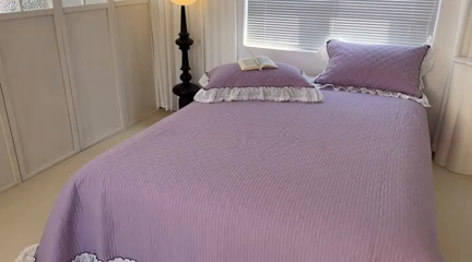 91家纺网 家纺一手货源 找家纺 佰织鑫家居（会员-5元） 2024新款简约纯色全棉蝶恋花砂洗棉花床盖三件套 蝶恋花·优雅紫