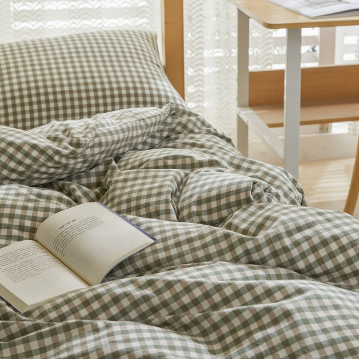 91家纺网 家纺一手货源 找家纺 柠萌家居 2025新品A类全棉色织水洗棉简约条纹格子无印良品风格学生季宿舍上下铺AA版三件套四件套 小绿格