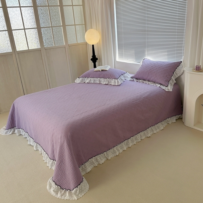 91家纺网 家纺一手货源 找家纺 佰织鑫家居（会员-5元） 2024新款简约纯色全棉蝶恋花砂洗棉花床盖三件套 蝶恋花·优雅紫