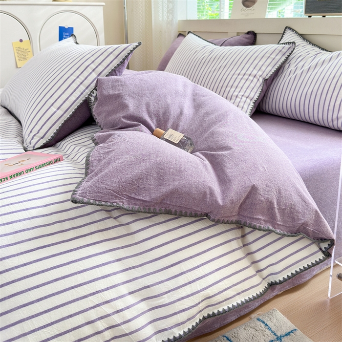 91家纺网 家纺一手货源 找家纺 晚依家纺 2024新款全棉色织水洗棉贝壳边绣三角针工艺四件套 诺言-紫