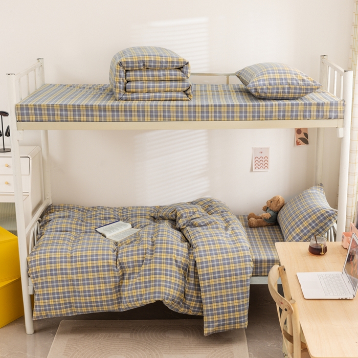 91家纺网 家纺一手货源 找家纺 柠萌家居 2025新品A类全棉色织水洗棉简约条纹格子无印良品风格学生季宿舍上下铺AA版三件套四件套 芳华灰