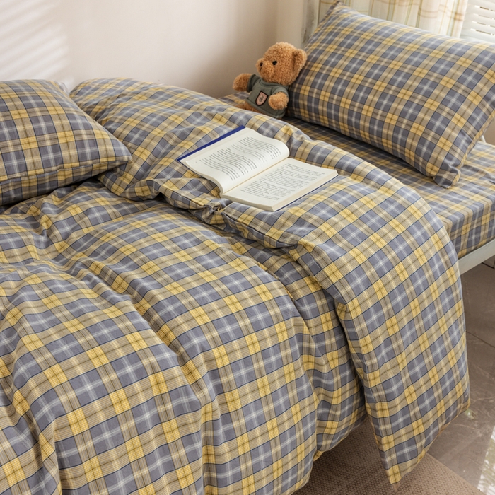 91家纺网 家纺一手货源 找家纺 柠萌家居 2025新品A类全棉色织水洗棉简约条纹格子无印良品风格学生季宿舍上下铺AA版三件套四件套 芳华灰