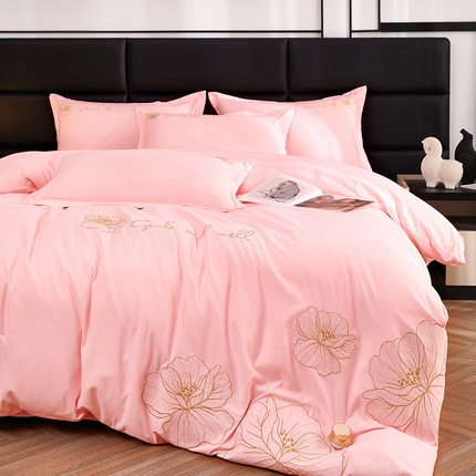 91家纺网 家纺一手货源 找家纺 佳宇轩 2024新款水洗棉四件套磨毛四件套绣花四件套纯色四件套 爱意绵绵-粉玉