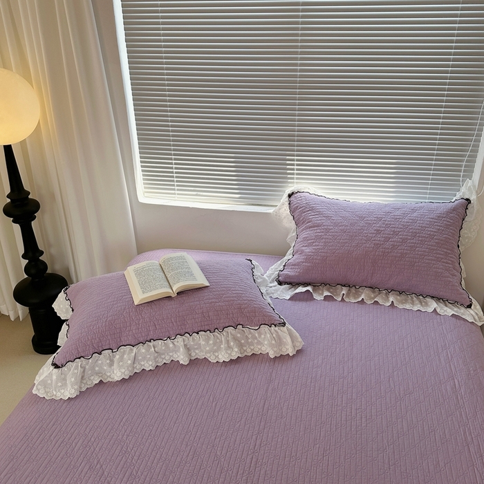 91家纺网 家纺一手货源 找家纺 佰织鑫家居（会员-5元） 2024新款简约纯色全棉蝶恋花砂洗棉花床盖三件套 蝶恋花·优雅紫