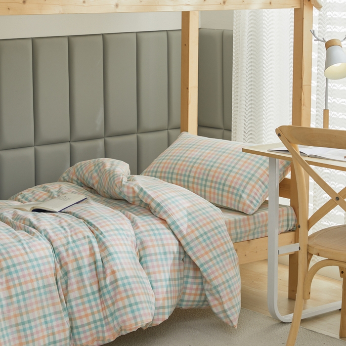 91家纺网 家纺一手货源 找家纺 柠萌家居 2025新品A类全棉色织水洗棉简约条纹格子无印良品风格学生季宿舍上下铺AA版三件套四件套 小彩格