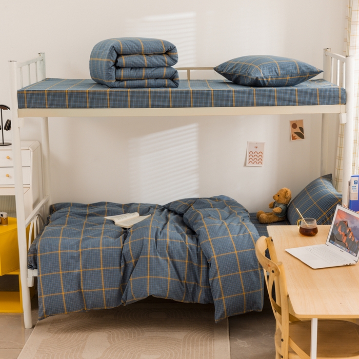 91家纺网 家纺一手货源 找家纺 柠萌家居 2025新品A类全棉色织水洗棉简约条纹格子无印良品风格学生季宿舍上下铺AA版三件套四件套 瓦尔灰