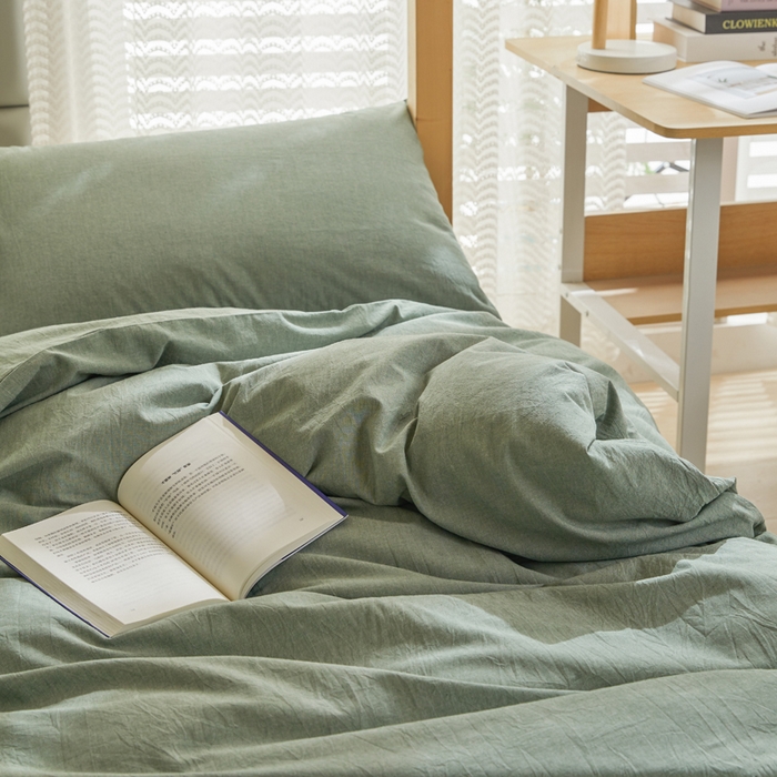 91家纺网 家纺一手货源 找家纺 柠萌家居 2025新品A类全棉色织水洗棉简约条纹格子无印良品风格学生季宿舍上下铺AA版三件套四件套 一抹绿