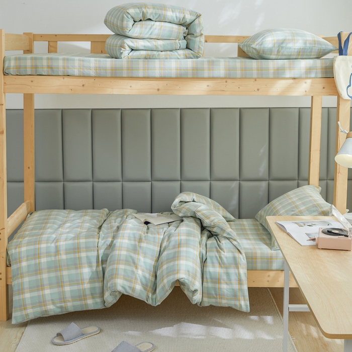 91家纺网 家纺一手货源 找家纺 柠萌家居 2025新品A类全棉色织水洗棉简约条纹格子无印良品风格学生季宿舍上下铺AA版三件套四件套 遇见绿格