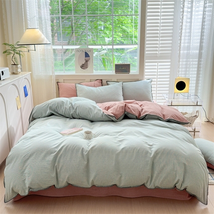 91家纺网 家纺一手货源 找家纺 （总）晚依家纺 2024新款全棉色织水洗棉贝壳边绣三角针工艺四件套可定制