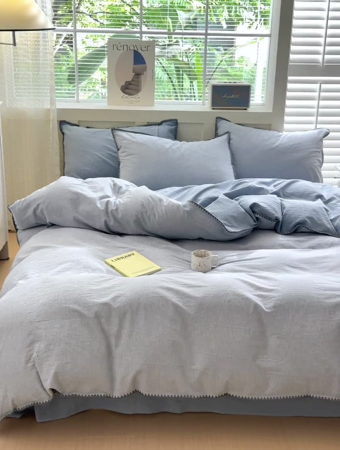 91家纺网 家纺一手货源 找家纺 晚依家纺 2024新款全棉色织水洗棉贝壳边绣三角针工艺四件套 时光-浅蓝