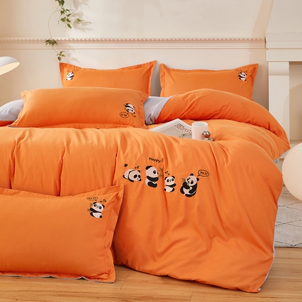 91家纺网 家纺一手货源 找家纺 佳宇轩 2024新款水洗棉四件套磨毛四件套绣花四件套纯色四件套 暴力熊猫-橘黄