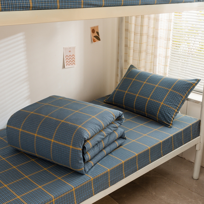 91家纺网 家纺一手货源 找家纺 柠萌家居 2025新品A类全棉色织水洗棉简约条纹格子无印良品风格学生季宿舍上下铺AA版三件套四件套 瓦尔灰